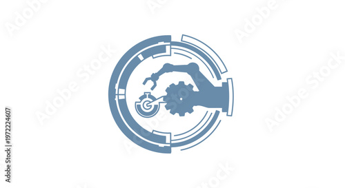 Robotic Arm Engaged in Precise Assembly Within Futuristic Circular Interface.