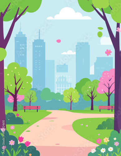  Sendero en parque rodeado de flores y árboles con skyline urbano.

