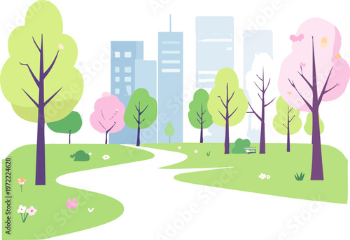  Camino curvo en parque urbano con árboles y ciudad al fondo.
