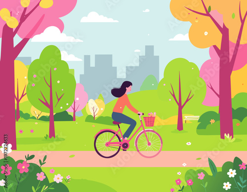  Ciclista en parque con árboles en flor y ambiente primaveral.
