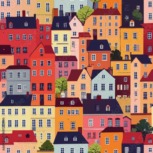  Vista de muchas casas juntas en colores vivos creando patrón urbano.
