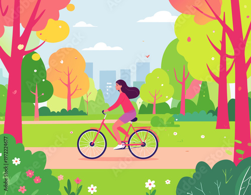  Mujer montando bicicleta en parque con árboles y flores en ambiente alegre.
