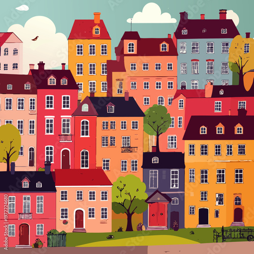 Conjunto de casas coloridas en estilo europeo con arquitectura compacta.
