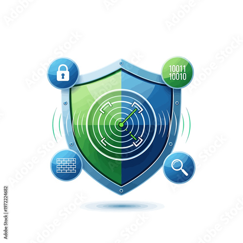 Shield with security icons and radar.