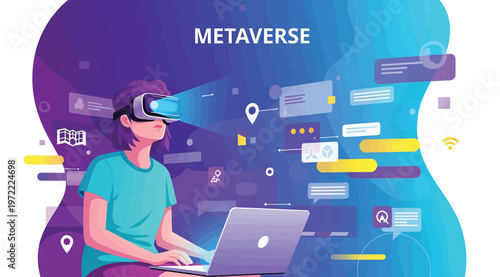 Young woman using vr headset and laptop for metaverse virtual reality experience, digital world concept illustration