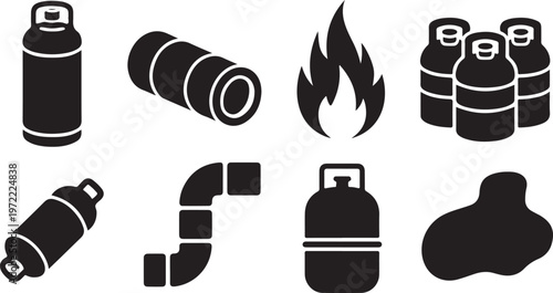 Collection of industrial gas cylinders flame and plumbing pipe fittings isolated on transparent background