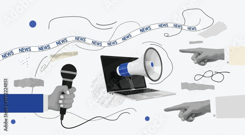 Digital news media concept with laptop, megaphone, microphone and pointing hands