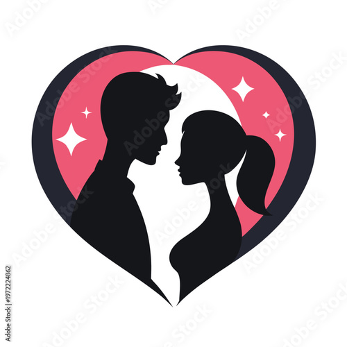 Romantic Couple Silhouette Inside Heart Shape Vector Illustration Love Concept