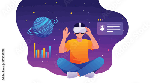 Person wearing virtual reality headset in digital space with planet and data charts
