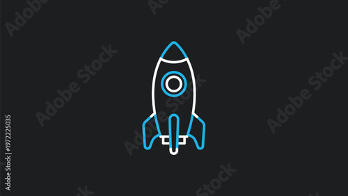 Modern Rocket Ship Illustration with Blue and White Outline.
