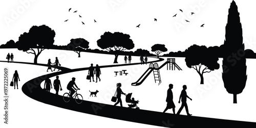 Park landscape silhouette with people walking cycling playground trees birds outdoor scene vector illustration for urban lifestyle recreation design