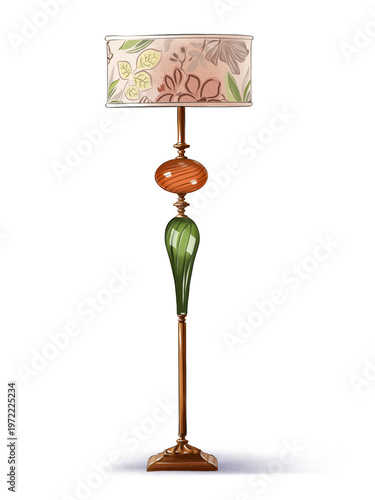 Bright lamp design with floral shade and unique stand in a simple setting showing its details and colors