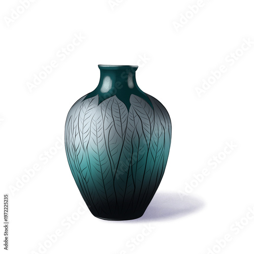 Decorative vase with leaf designs on display in a bright room with natural light in the afternoon