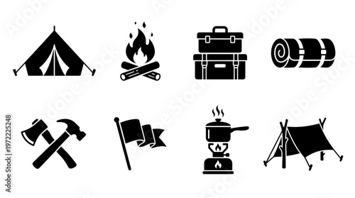 Camping Icons Vector Silhouette Set Featuring Tent, Campfire, Toolbox, Sleeping Bag, Axe and Hammer, Flags, Cooking Pot, and Tarp Shelter for Outdoor Adventure and Design Use