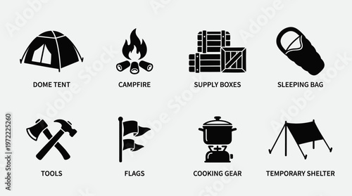 Camping Icons Vector Silhouette Set Featuring Tent, Campfire, Toolbox, Sleeping Bag, Axe and Hammer, Flags, Cooking Pot, and Tarp Shelter for Outdoor Adventure and Design Use
