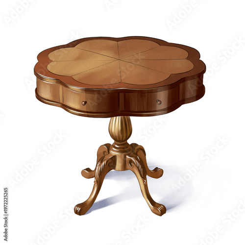 Round wooden table with a detailed design sits on a single pedestal in a simple setting