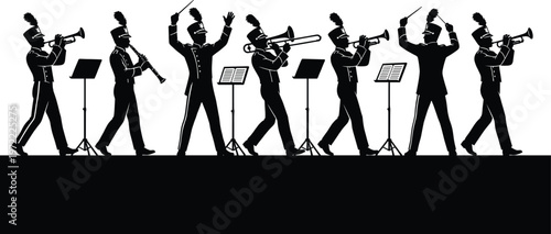 Marching band musicians silhouettes playing instruments parade performance vector illustration uniformed performers trumpet trombone clarinet conductor music show isolated black figures
