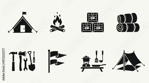 Camping Icons Vector Silhouette Set Featuring Tent, Campfire, Toolbox, Sleeping Bag, Axe and Hammer, Flags, Cooking Pot, and Tarp Shelter for Outdoor Adventure and Design Use
