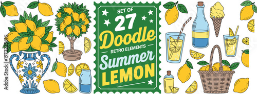 Lemon summer doodle set with retro elements, citrus fruits, drinks, vase, basket, refreshing seasonal illustration collection for design