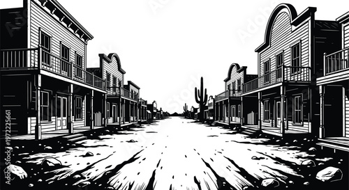 Wild west town street illustration with vintage buildings desert road cactus frontier landscape black and white vector design
