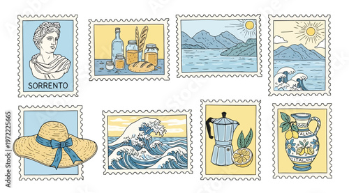Set of vintage postage stamps featuring italian travel themes including sorrento statue, mediterranean landscapes, coastal waves, summer hat, moka pot, and traditional lemon ceramic pitcher