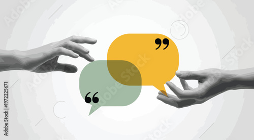 Conceptual illustration of communication and dialogue with speech bubbles and hands