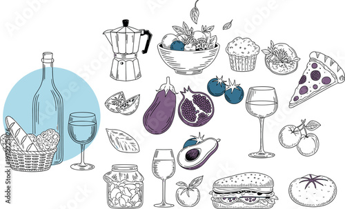 Hand drawn food and drink illustration set with fruits, wine, pizza, bread, vegetables, kitchen elements, vintage style vector collection