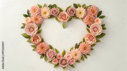 Mother Day Heart-shaped floral wreath made of pink and cream flowers with green leaves on a white background.