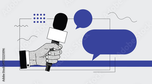 Journalist hand holding a microphone with speech bubbles for interview or news concept
