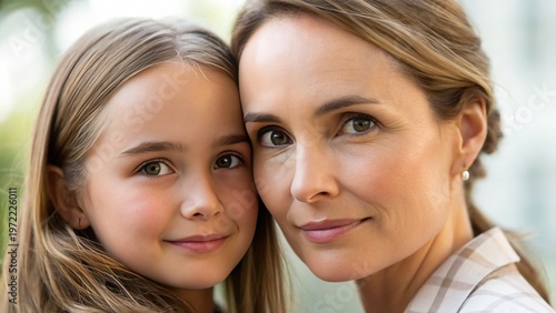 Mother Day Close-up portrait of a smiling woman and young girl outdoors with natural light and blurred background.