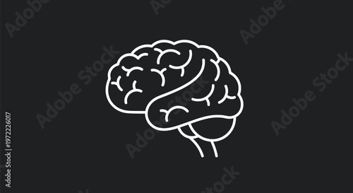 Simple White Outline of a Human Brain on Black Background.