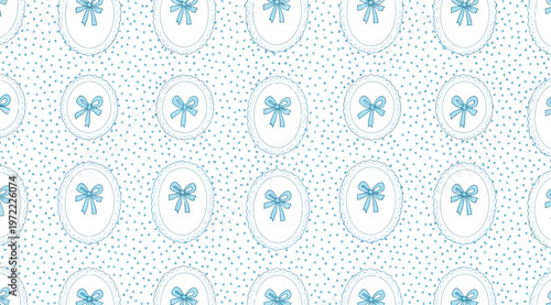 Seamless decorative pattern of light blue bows enclosed in oval frames on a white background with scattered blue dots, ornamental symmetrical design for wallpaper, fabric, gift wrapping, and creative 