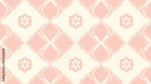 Seamless geometric pattern of alternating pink and cream diamonds with decorative six‑petal floral motifs, textured brushstroke edges, symmetrical abstract design for textile, wallpaper, and creative 