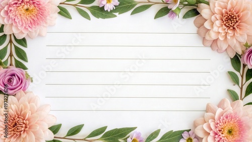 Mother Day Floral decorative frame with pink and peach flowers surrounding blank lined paper for notes or messages.