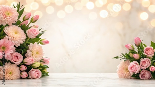 Mother Day Pink and cream roses and carnations arranged on a white wooden surface with a soft bokeh background.