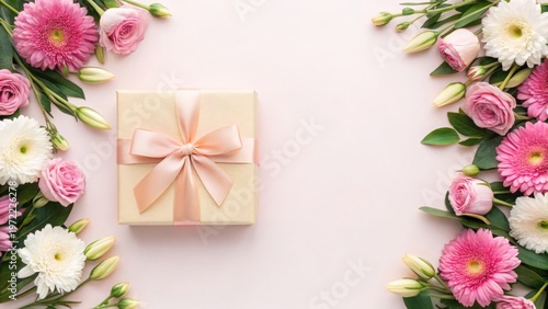 Mother Day A pastel gift box tied with a ribbon surrounded by pink and white flowers on a soft pink background.