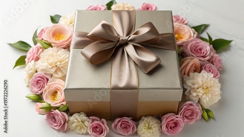 Mother Day Gift box with a satin bow surrounded by a heart-shaped arrangement of pink and cream roses and other flowers.