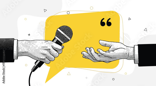 Hand holding a microphone interviewing a person with an open hand gesture, vector illustration