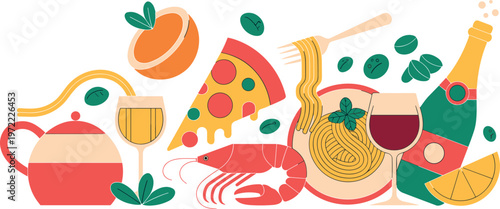 Italian cuisine illustration with pizza pasta shrimp wine citrus teapot olives, colorful modern flat design food composition vector artwork