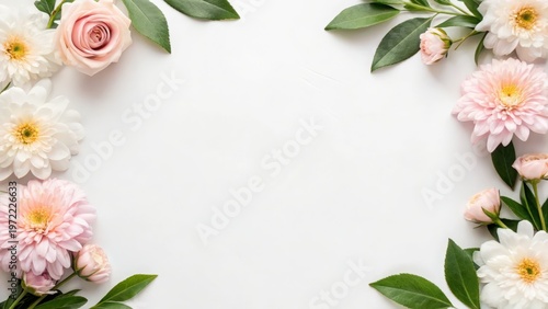 Mother Day Delicate pink and white flowers with green leaves frame a white textured background in a soft, elegant floral arrangement.