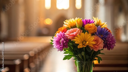 Mother Day A colorful bouquet of flowers in a vase inside a softly lit church with wooden pews and blurred background.