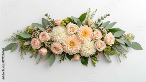 Mother Day Elegant floral arrangement featuring cream and peach roses, dahlias, and lush green leaves on a white background.