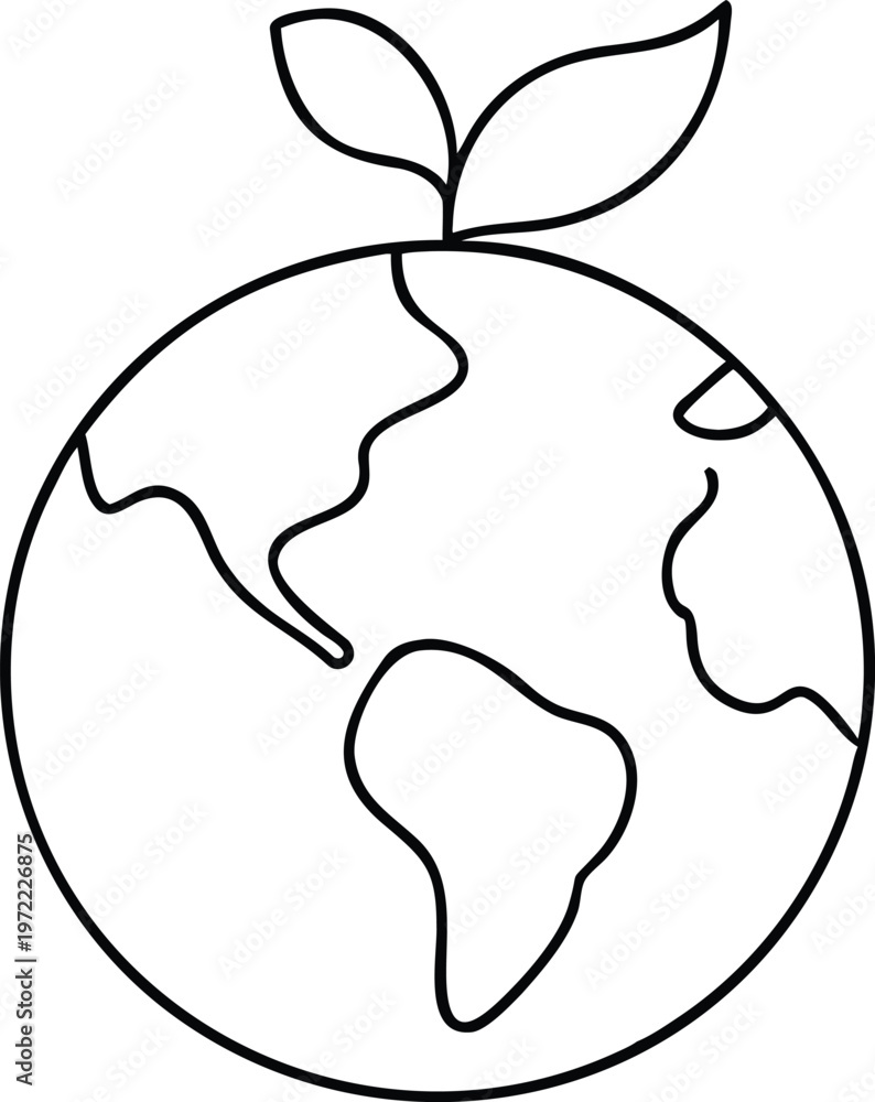 Obraz premium Outline Drawing of Planet Earth with Two Leaves Symbolizing Global Environmental Responsibility