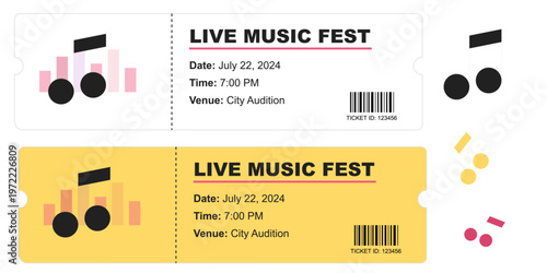 Live music fest ticket vector set, concert admission passes with barcode and musical notes, event entry coupons in white and yellow colors