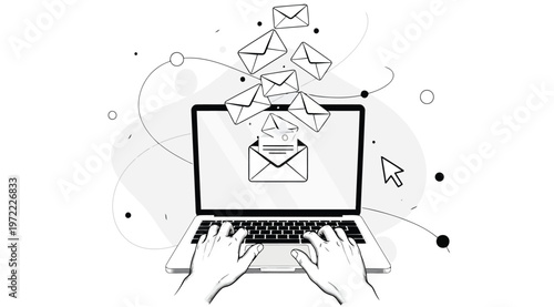 Hands typing on a laptop keyboard with email icons floating above the screen, digital communication and messaging concept illustration