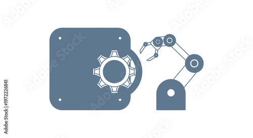 Robotic Arm Interacts with Gear - Modern Industrial Automation Concept.