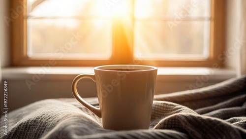 Mother Day A warm cup of coffee on a cozy blanket by a window with soft morning sunlight.