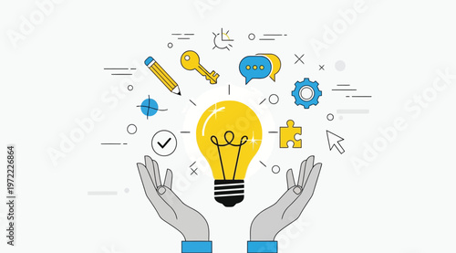 Creative idea concept with light bulb and icons of business strategy, innovation, and problem solving