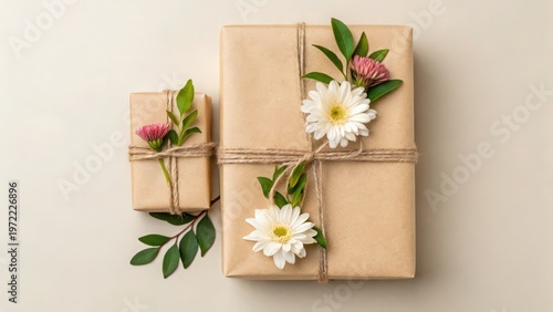 Mother Day Two rustic brown paper gift boxes decorated with twine and white flowers on a neutral background.
