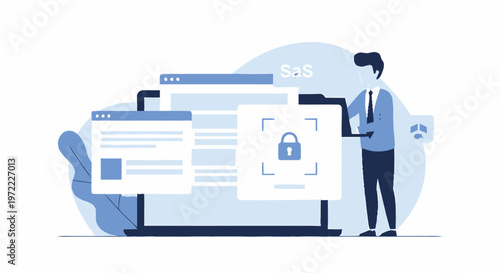 Secure Data Protection - Businessman Safeguarding Digital Information on Laptop.